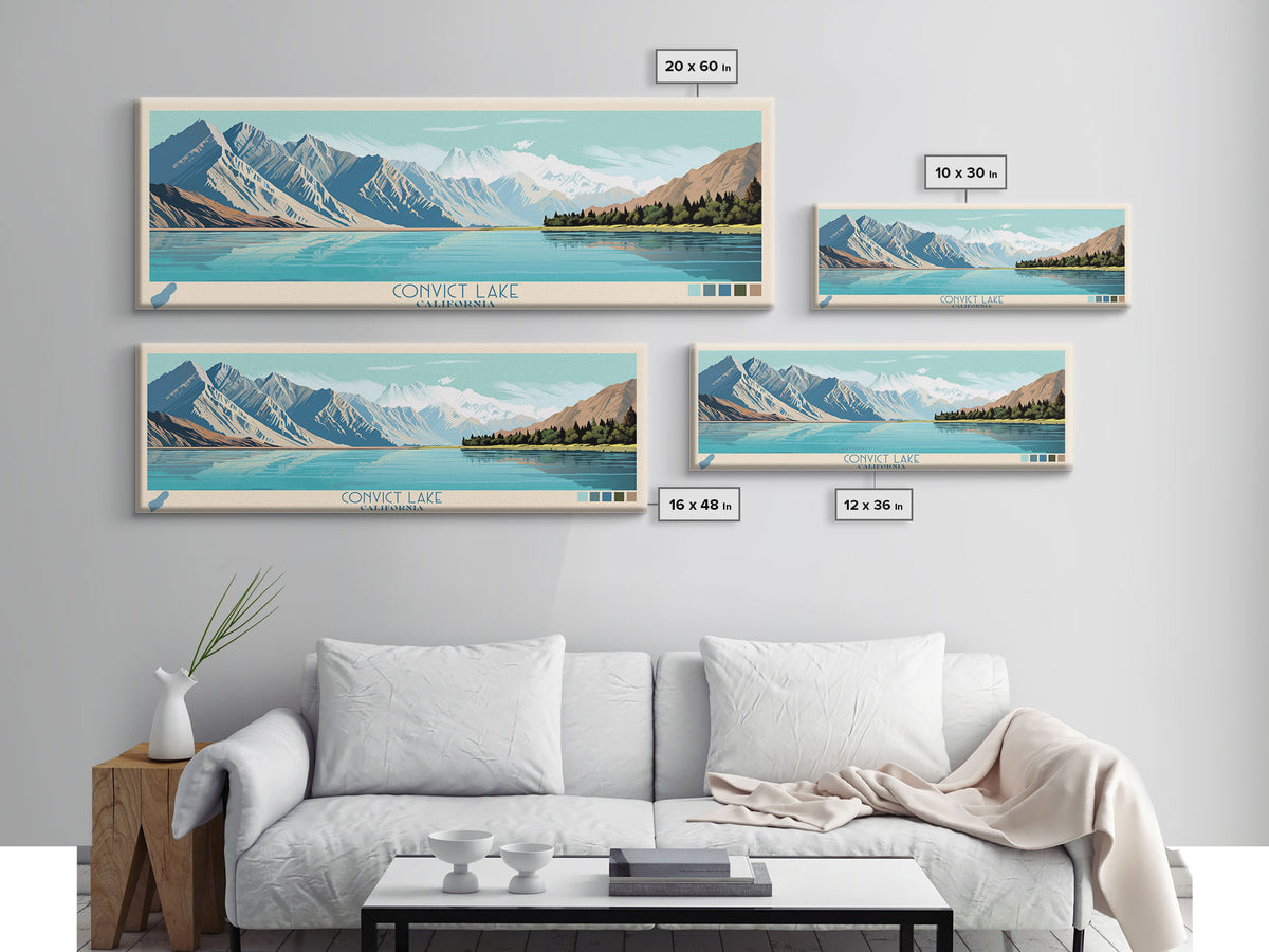 Convict Lake California Framed Canvas Print, Midcentury Modern Panoramic Wall Art, Living Room Decor, Pop Art, Travel Poster Art, Nature Art, Lake House Decor
