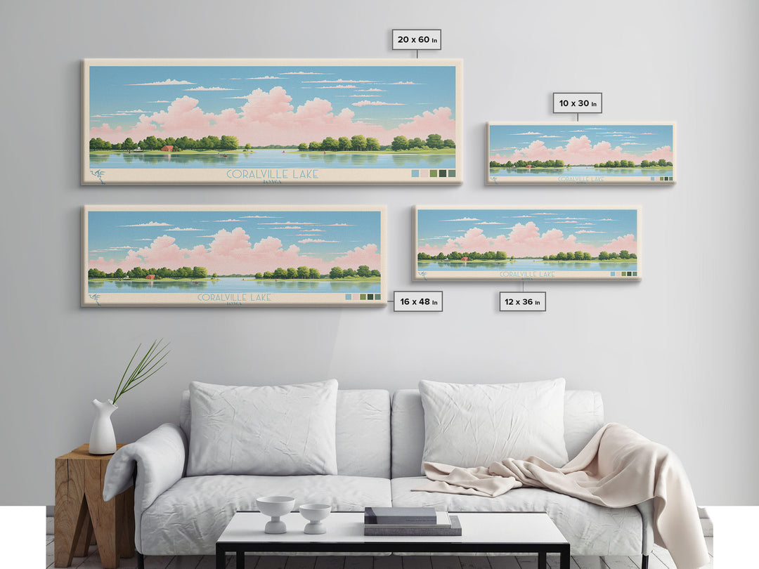 Coralville Lake Iowa Framed Canvas Print, Midcentury Modern Panoramic Wall Art, Living Room Decor, Pop Art, Travel Poster Art, Scenic Nature Painting, Lake House Decor