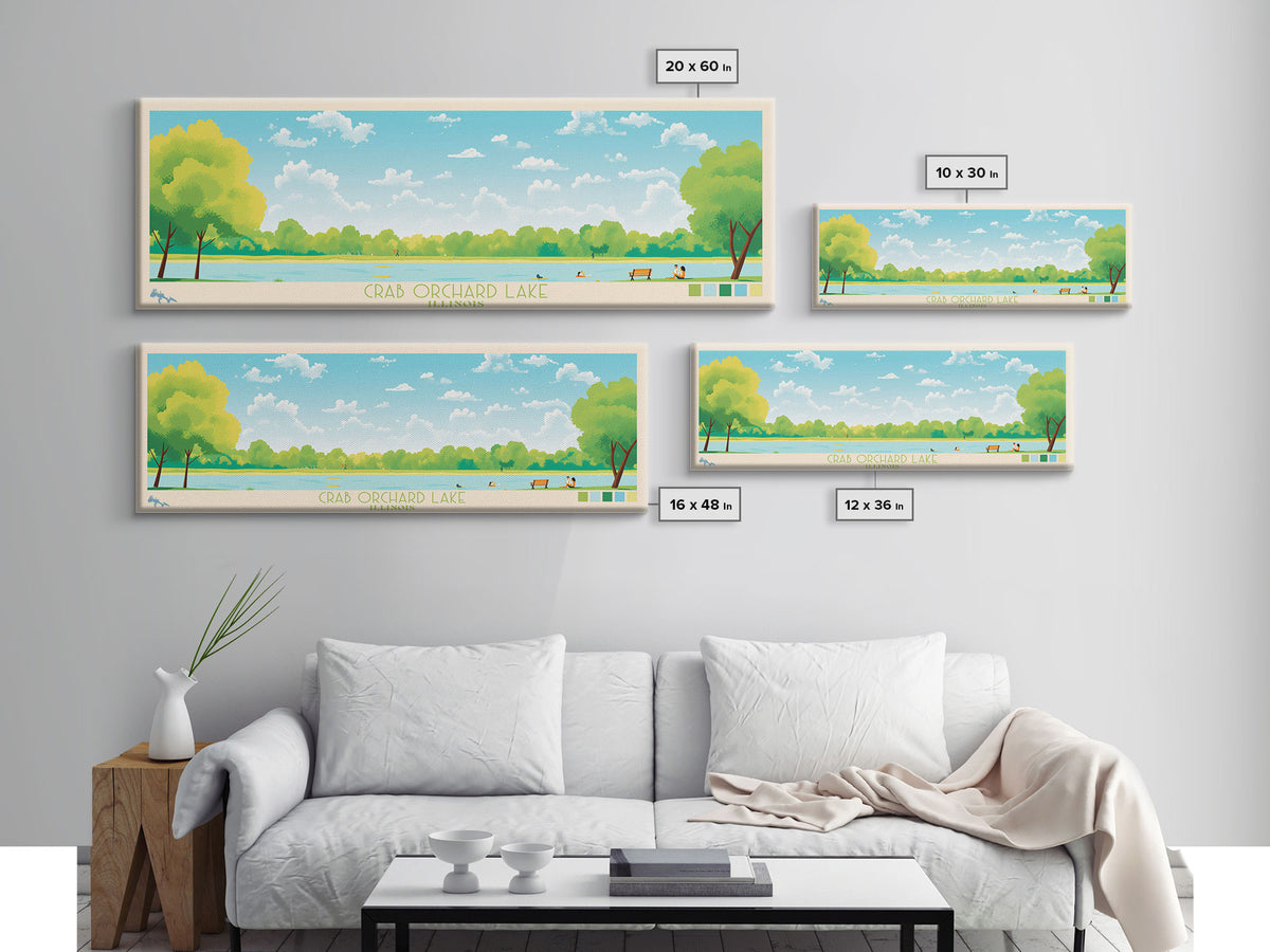 Crab Orchard Lake Illinois Framed Canvas Print, Midcentury Modern Panoramic Wall Art, Living Room Decor, Pop Art, Travel Poster Art, Scenic Nature Painting, Lake House Decor