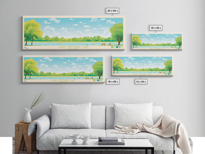 Crab Orchard Lake Illinois Framed Canvas Print, Midcentury Modern Panoramic Wall Art, Living Room Decor, Pop Art, Travel Poster Art, Scenic Nature Painting, Lake House Decor