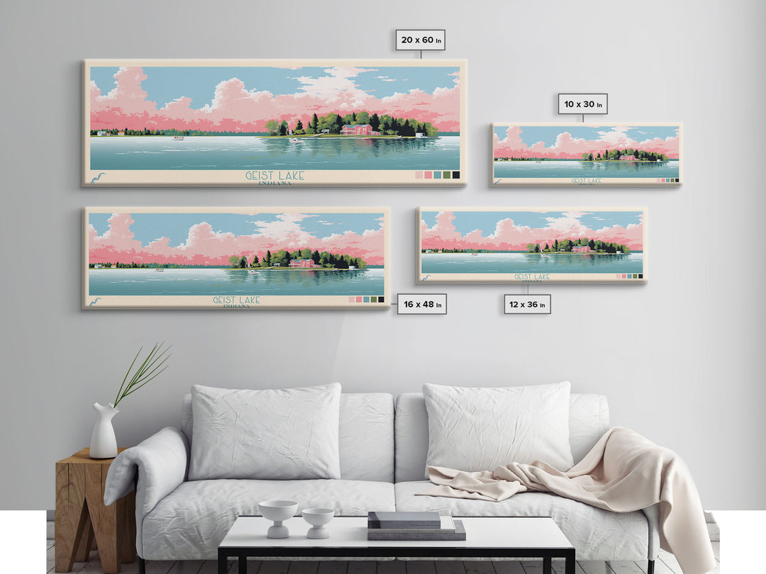 Geist Lake Indiana Framed Canvas Print, Panoramic Art, Midcentury Modern, Pop Art, Living Room Decor, Travel Poster, Nature Art, Wall Art