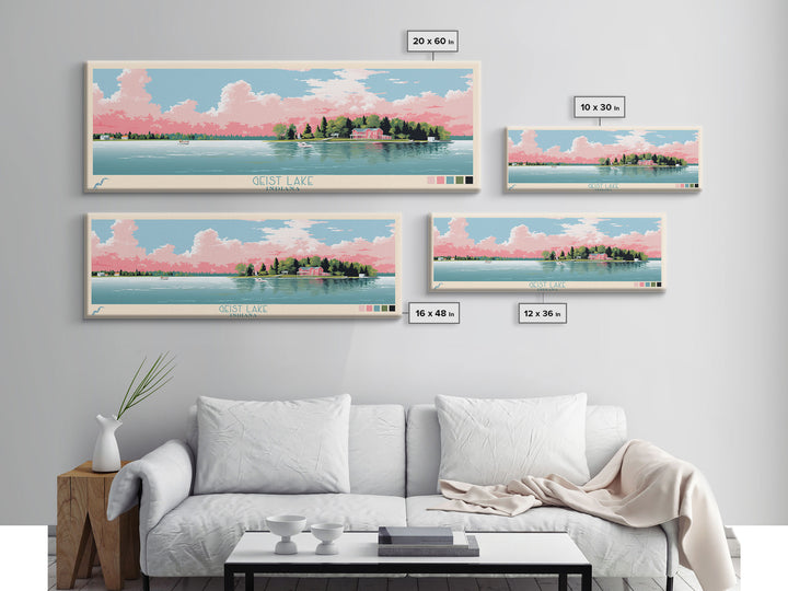 Geist Lake Indiana Framed Canvas Print, Panoramic Art, Midcentury Modern, Pop Art, Living Room Decor, Travel Poster, Nature Art, Wall Art