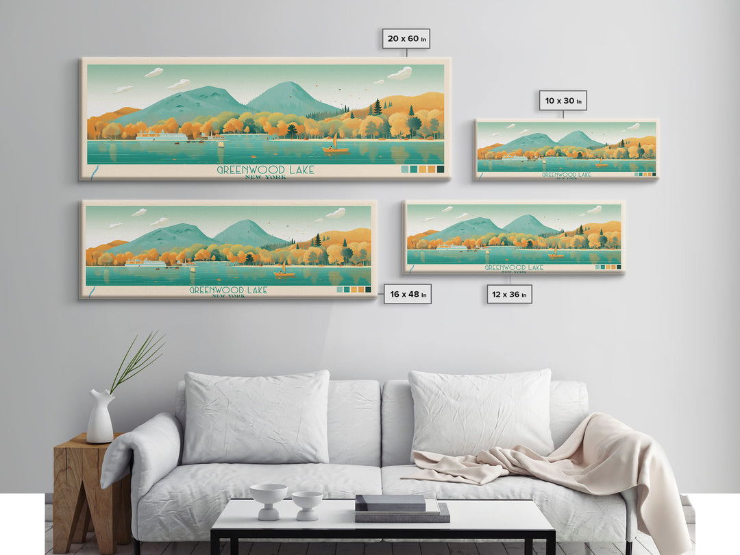 Greenwood Lake New York Framed Canvas Print, Panoramic Art, Midcentury Modern, Pop Art, Bedroom Decor, Travel Poster, Lake House Decor