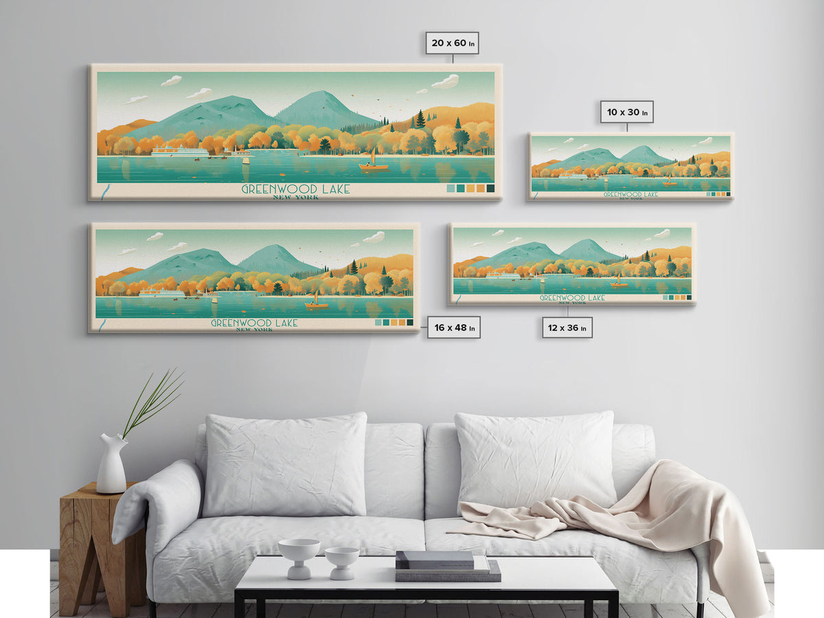 Greenwood Lake New York Framed Canvas Print, Panoramic Art, Midcentury Modern, Pop Art, Bedroom Decor, Travel Poster, Lake House Decor