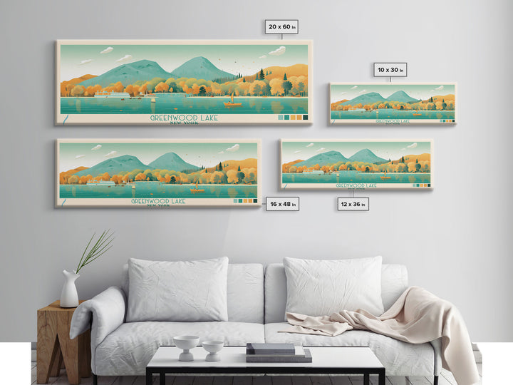 Greenwood Lake New York Framed Canvas Print, Panoramic Art, Midcentury Modern, Pop Art, Bedroom Decor, Travel Poster, Lake House Decor