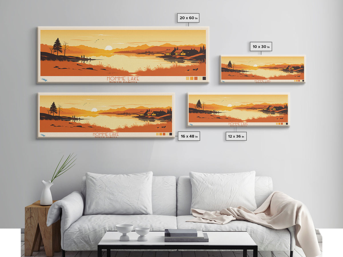 Homme Lake North Dakota Framed Canvas Print, Panoramic Wall Art, Midcentury Modern, Pop Art, Bedroom Decor, Travel Poster, Artistic Home Decor