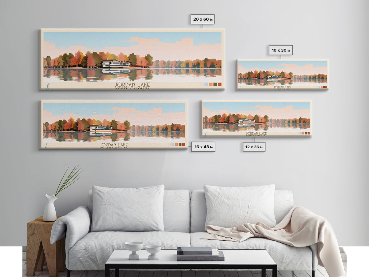 Jordan Lake North Carolina Framed Canvas Print, Panoramic Art, Midcentury Modern, Pop Art, Lake House Decor, Travel Poster, Living Room Art