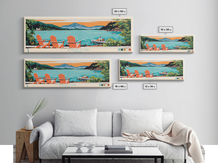 Jordan Pond Maine Framed Canvas Print, Panoramic Wall Art, Midcentury Modern, Pop Art, Bedroom Decor, Travel Poster, Artistic Home Decor