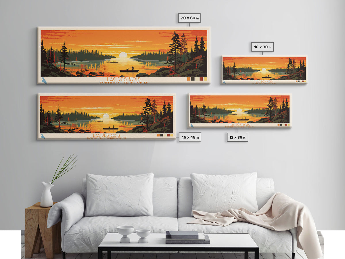 Lac Des Bois Northwest Territories Framed Canvas Print, Panoramic Art, Midcentury Modern, Pop Art, Living Room Wall Art, Travel Poster, Lake House Decor