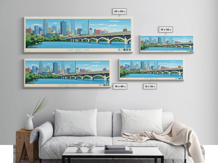 Lady Bird Lake Texas Framed Canvas Print, Panoramic Art, Midcentury Modern, Pop Art, Living Room Wall Art, Travel Poster, Lake House Decor