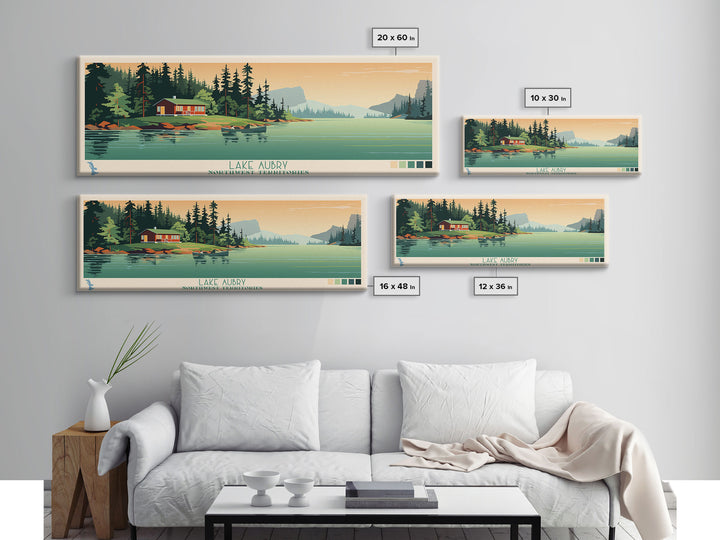 Lake Aubry Northwest Territories Framed Canvas Print, Panoramic Art, Midcentury Modern, Pop Art, Living Room Wall Art, Travel Poster, Lake House Decor
