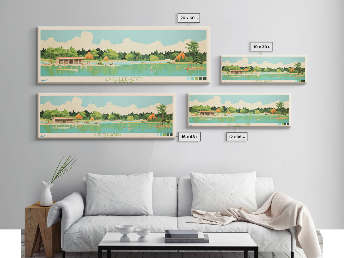 Lake Elkhorn Maryland Framed Canvas Print, Panoramic Wall Art, Midcentury Modern, Pop Art, Bedroom Decor, Travel Poster, Living Room Art