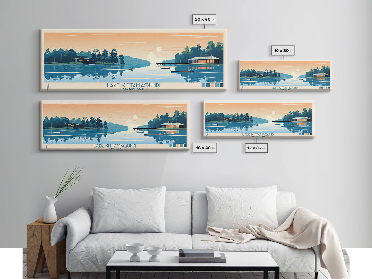 Lake Kittamaqundi Maryland Framed Canvas Print, Panoramic Wall Art, Midcentury Modern, Pop Art, Lake House Decor, Travel Poster, Bedroom Art