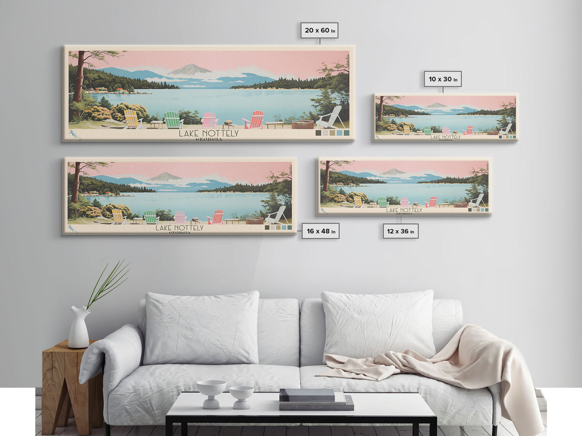 Lake Nottely Georgia Framed Canvas Print, Panoramic Wall Art, Midcentury Modern, Pop Art, Living Room Decor, Travel Poster, Lake House Art