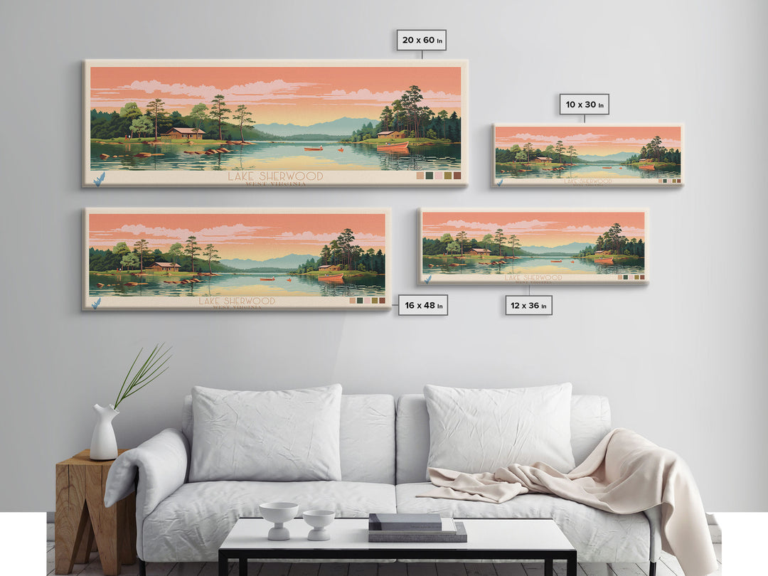 Lake Sherwood West Virginia Framed Canvas Print, Panoramic Wall Art, Midcentury Modern, Pop Art, Living Room Decor, Travel Poster, Lake House Art