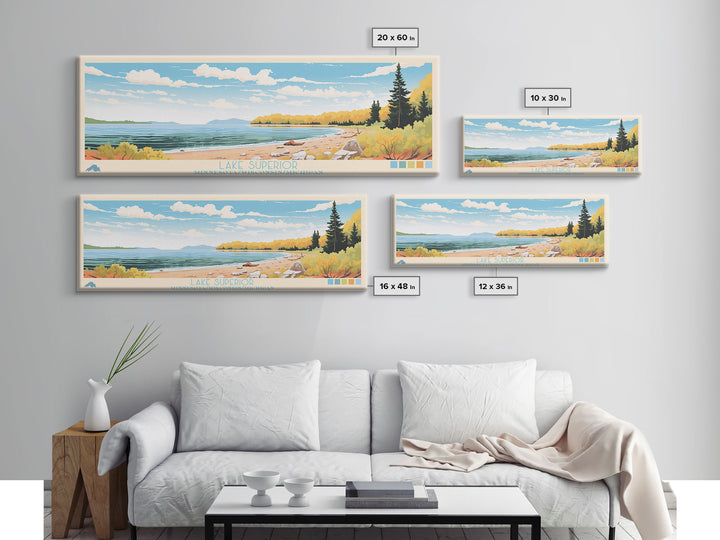 Lake Superior MinnesotaWisconsinMichigan Framed Canvas Print, Panoramic Wall Art, Midcentury Modern, Pop Art, Living Room Decor, Travel Poster, Lake House Art