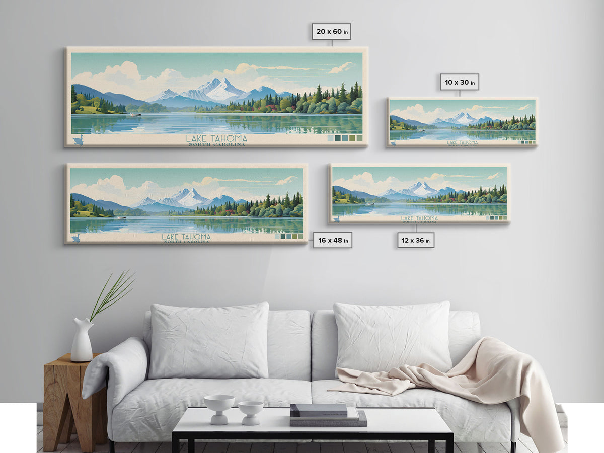 Lake Tahoma North Carolina Framed Canvas Print, Panoramic Wall Art, Midcentury Modern, Pop Art, Living Room Decor, Travel Poster, Lake House Art