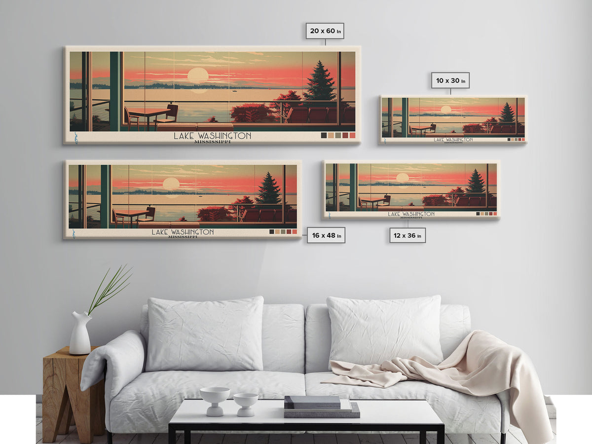 Lake Washington, Washington Panoramic Wall Art Framed Canvas Print, Midcentury Modern, Pop Art, Home Decor, Travel Poster, Living Room Art