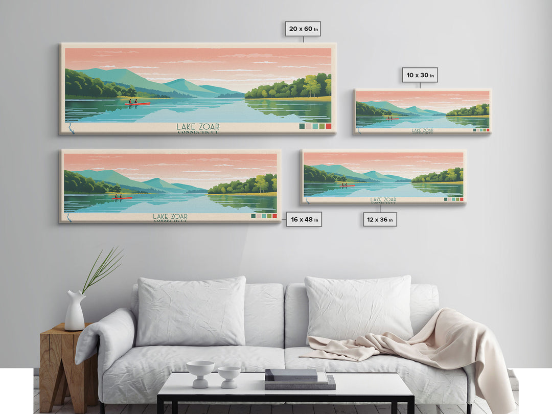 Lake Zoar, Connecticut Panoramic Wall Art Framed Canvas Print, Midcentury Modern, Pop Art, Home Decor, Travel Poster, Living Room Art