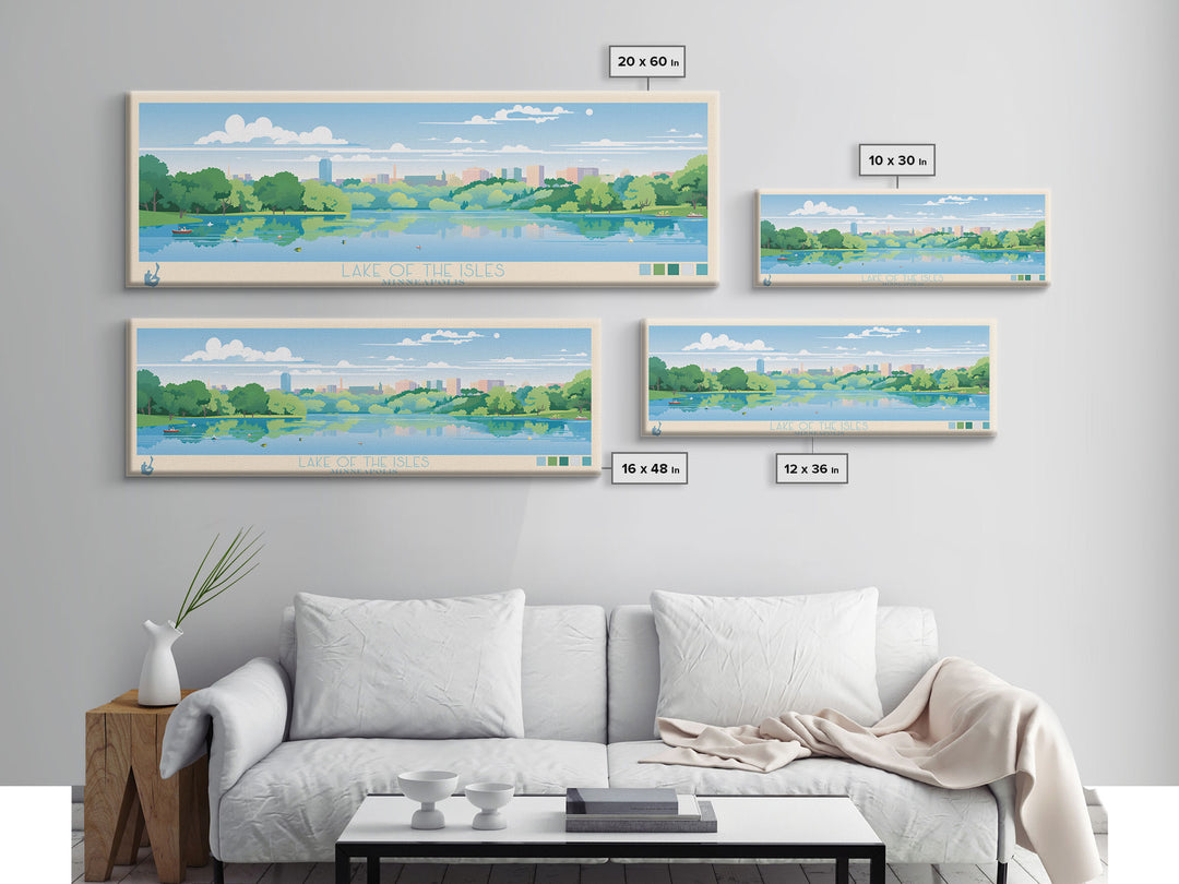 Lake of the Isles Minneapolis Framed Canvas Print, Panoramic Wall Art, Midcentury Modern, Pop Art, Living Room Decor, Travel Poster, Lake House Art