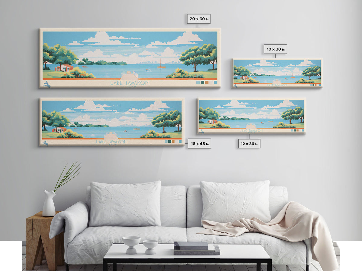 Lake Tawakoni, Texas Panoramic Wall Art Framed Canvas Print, Midcentury Modern, Pop Art, Home Decor, Travel Poster, Bedroom Art
