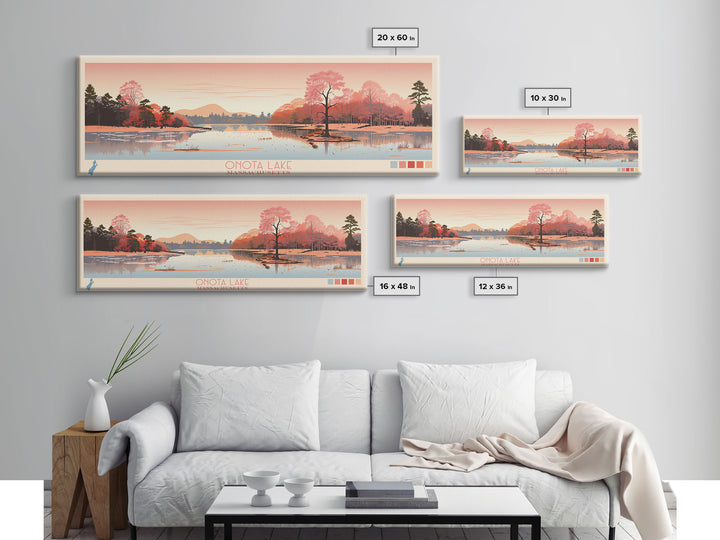 Onota Lake, Massachusetts Framed Canvas Print, Panoramic Wall Art, Midcentury Modern, Pop Art, Home Decor, Travel Poster, Living Room Art