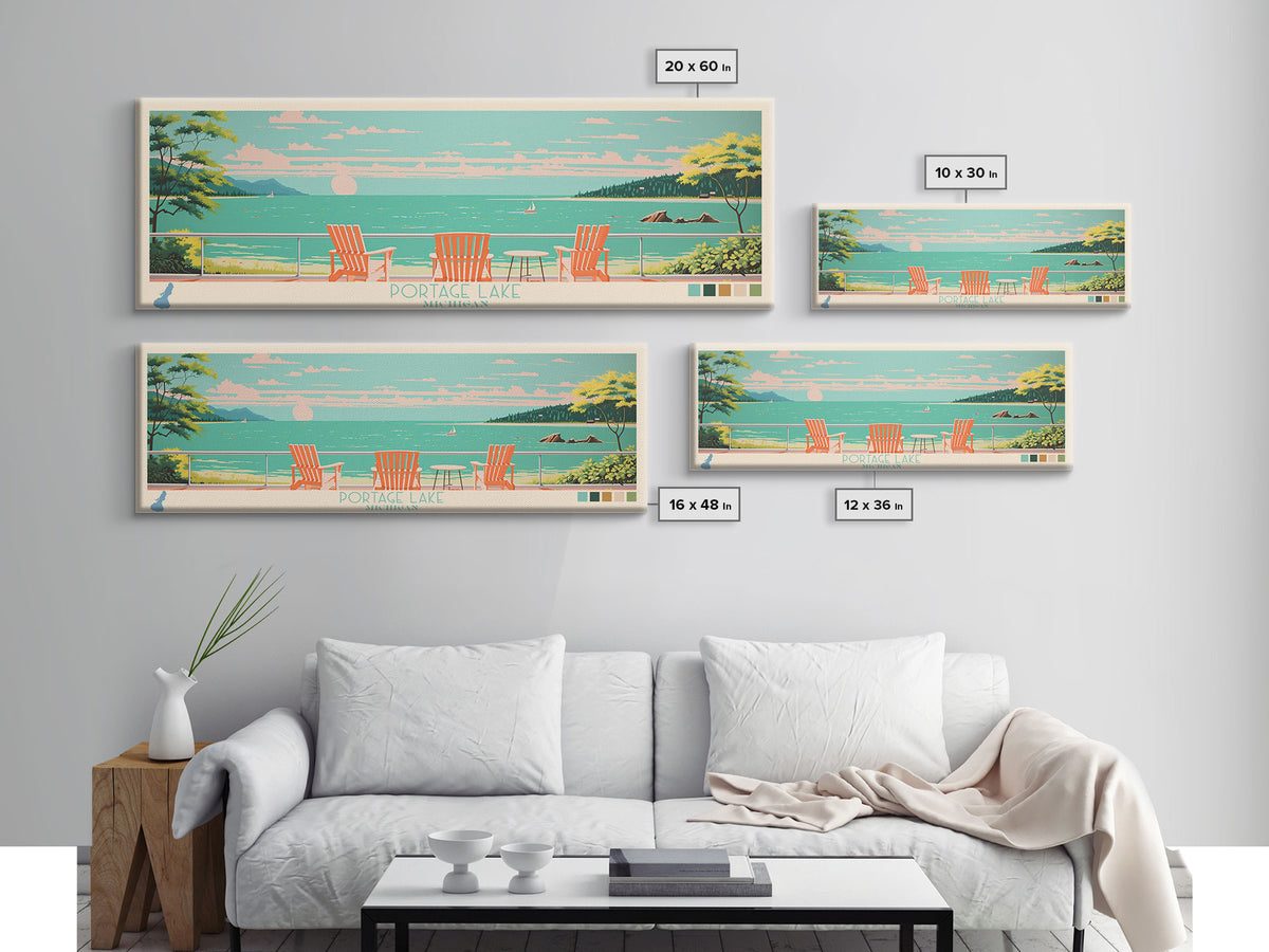 Portage Lake, Michigan Framed Canvas Print, Bedroom Art, Midcentury Modern, Pop Art, Panoramic Wall Art, Travel Poster