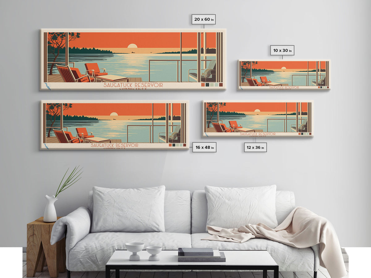 Saugatuck Reservoir, Connecticut Framed Canvas Print, Panoramic Travel Poster, Midcentury Modern Art, Home Decor, Pop Art, Wall Decoration