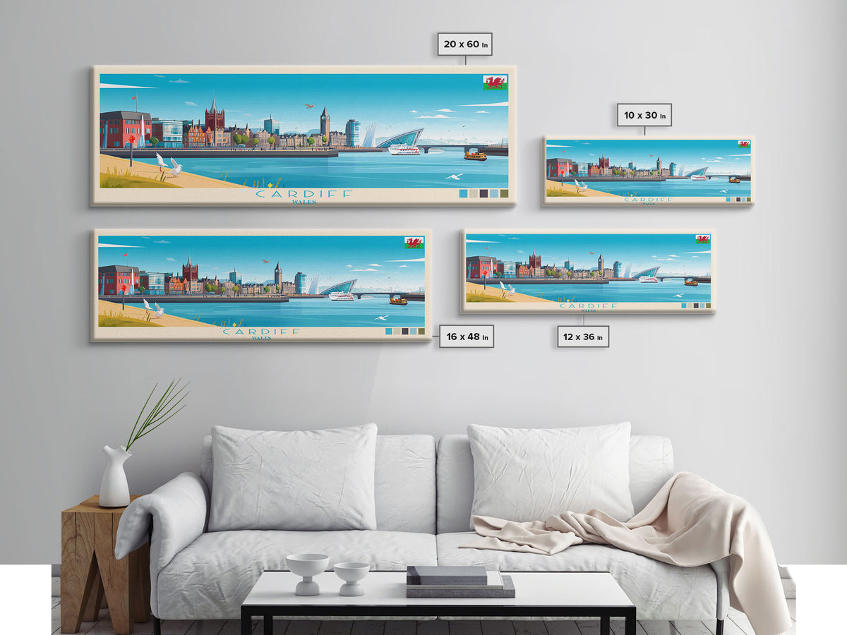 Cardiff, Wales Travel Poster Panoramic Canvas Print, Cardiff, Wales Painting, Wales Art, Cardiff Travel Art, Guest Room Painting