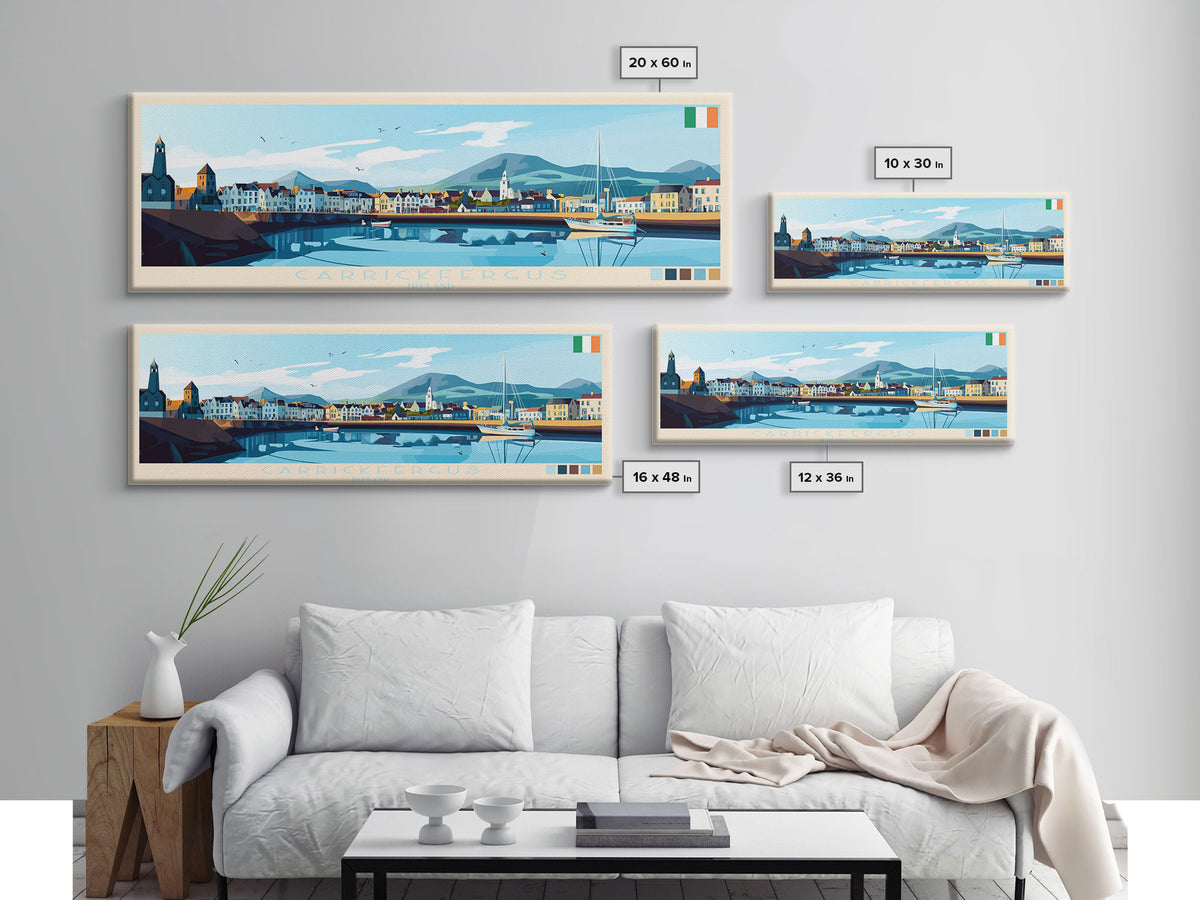 Carrickfergus, Ireland Panoramic Travel Poster Canvas Print, Carrickfergus, Ireland Painting, Ireland Art, Carrickfergus Panoramic Travel Art, Travel Painting