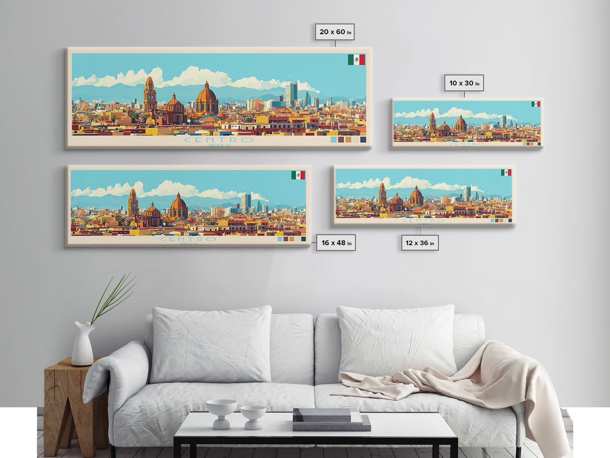 Centro, Mexico Panoramic Travel Poster Canvas Print, Centro, Mexico Painting, Mexico Art, Centro Travel Art, Guest Room Painting
