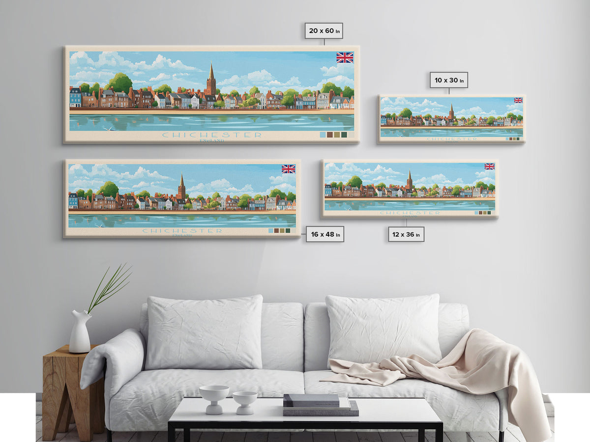 Chichester, England Panoramic Travel Poster Canvas Print, Chichester, England Painting, England Art, Chichester Panoramic Travel Art, Travel Painting