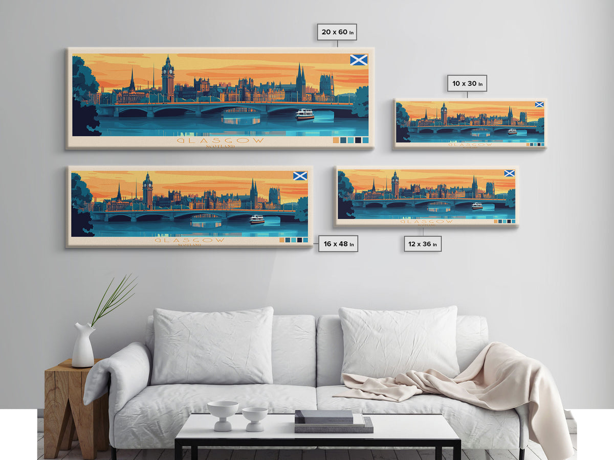 Glasgow, Scotland Panoramic Travel Poster Canvas Print, Glasgow, Scotland Painting, Scotland Art, Glasgow Travel Art, Guest Room Painting