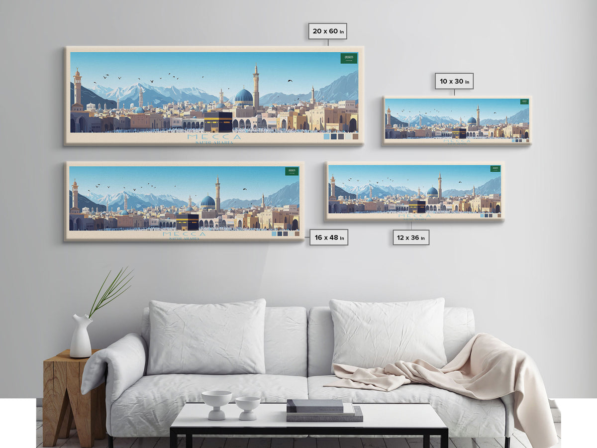 Mecca, Saudi Arabia Travel Poster Panoramic Canvas Print, Mecca, Saudi Arabia Painting, Saudi Arabia Art, Mecca Travel Art, Guest Room Painting