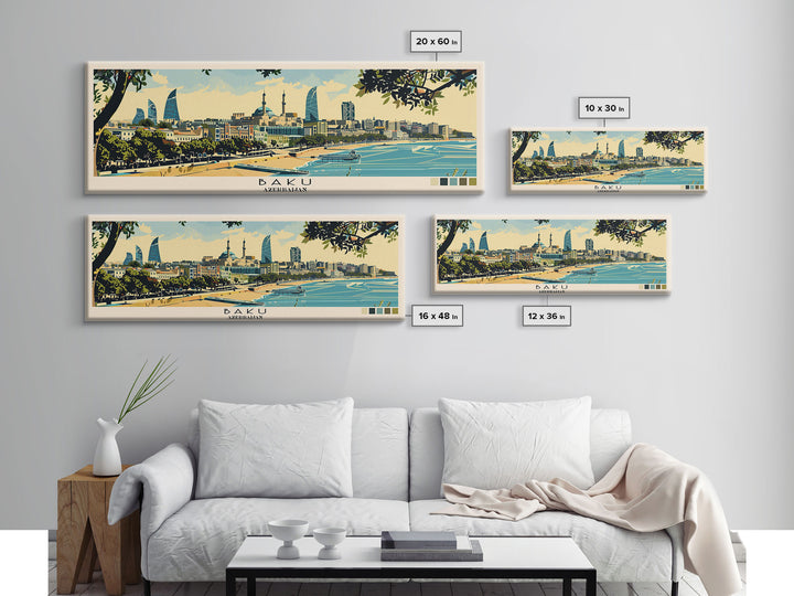 Baku, Azerbaijan Panoramic Canvas Print, Baku, Azerbaijan Painting, Azerbaijan Art, Baku Travel Poster, Travel Art, Living Room Painting