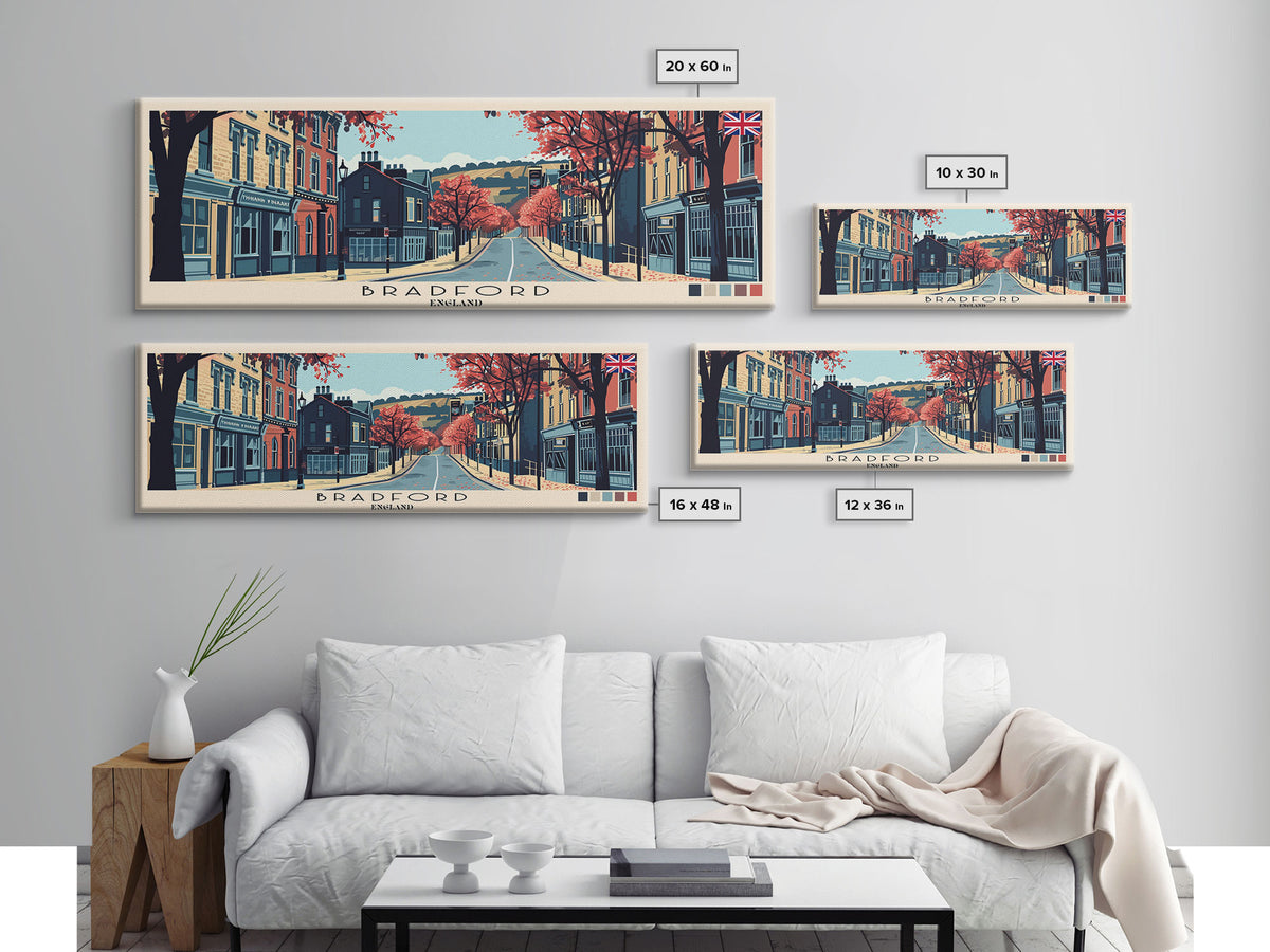 Bradford, England Panoramic Canvas Print, Bradford, England Painting, England Art, Bradford Travel Poster, Travel Art, Vacation Gift