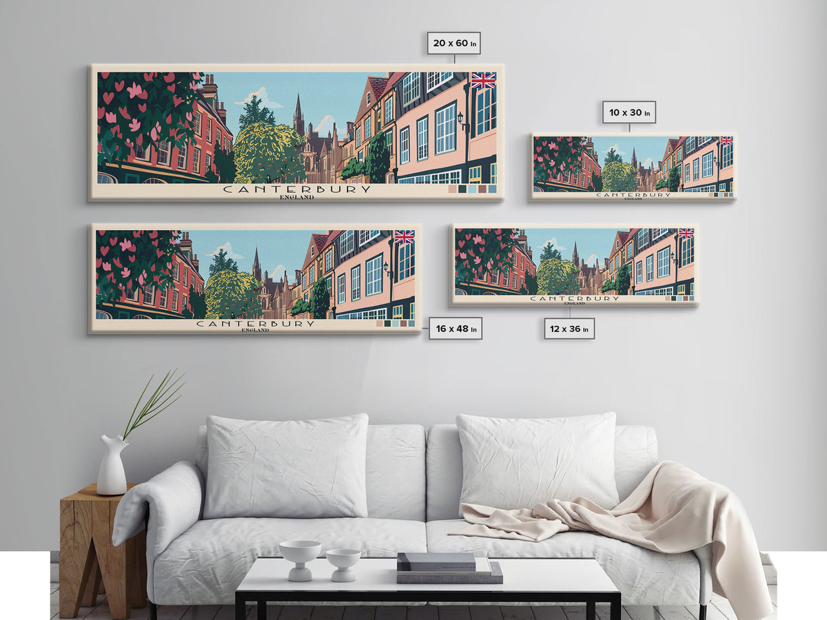 Canterbury, England Panoramic Canvas Print, Canterbury, England Painting, England Art, Canterbury Travel Poster, Travel Art, Vacation Gift
