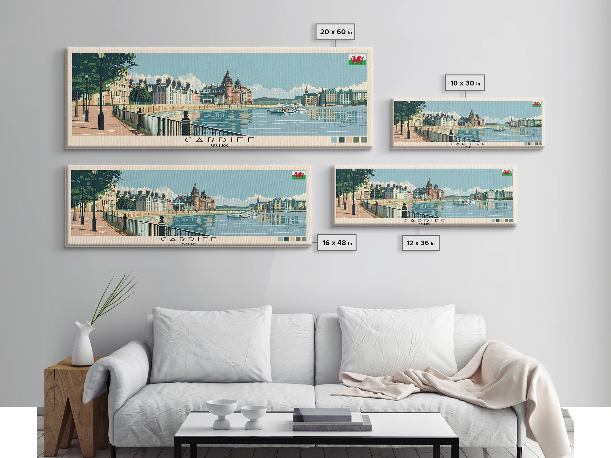 Cardiff, Wales Panoramic Canvas Print, Cardiff, Wales Painting, Wales Art, Cardiff Travel Poster, Travel Art, Guest Room Painting
