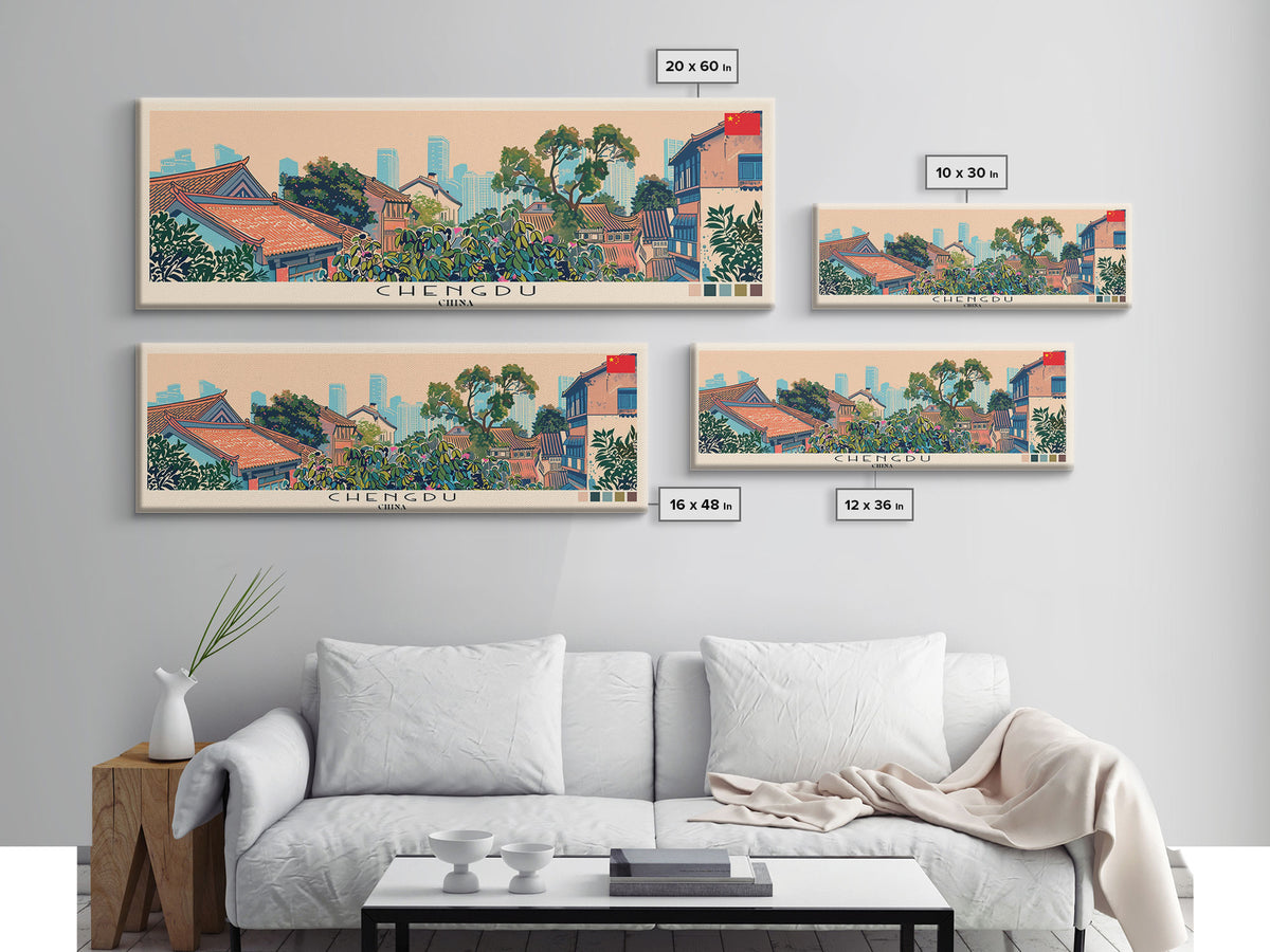 Chengdu, China Panoramic Canvas Print, Chengdu, China Painting, China Art, Chengdu Travel Poster, Travel Art, Vacation Gift