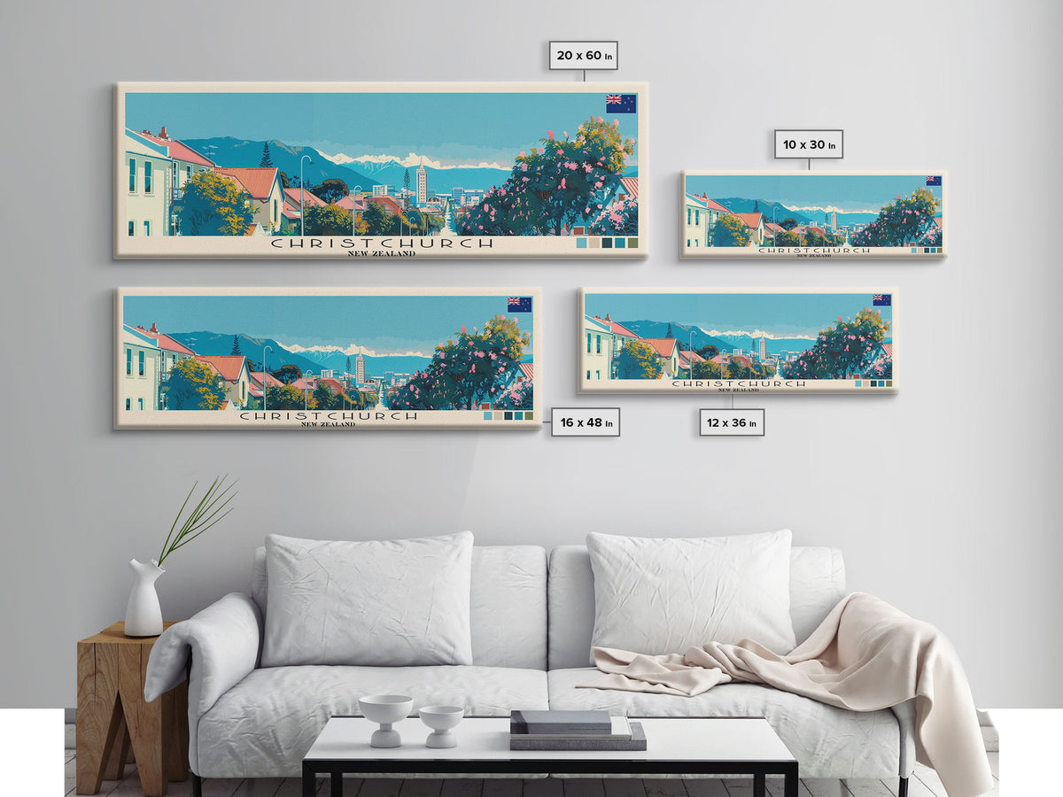 Christchurch, New Zealand Panoramic Canvas Print, Christchurch, New Zealand Painting, New Zealand Art, Christchurch Travel Poster, Travel Art, Housewarming Gift