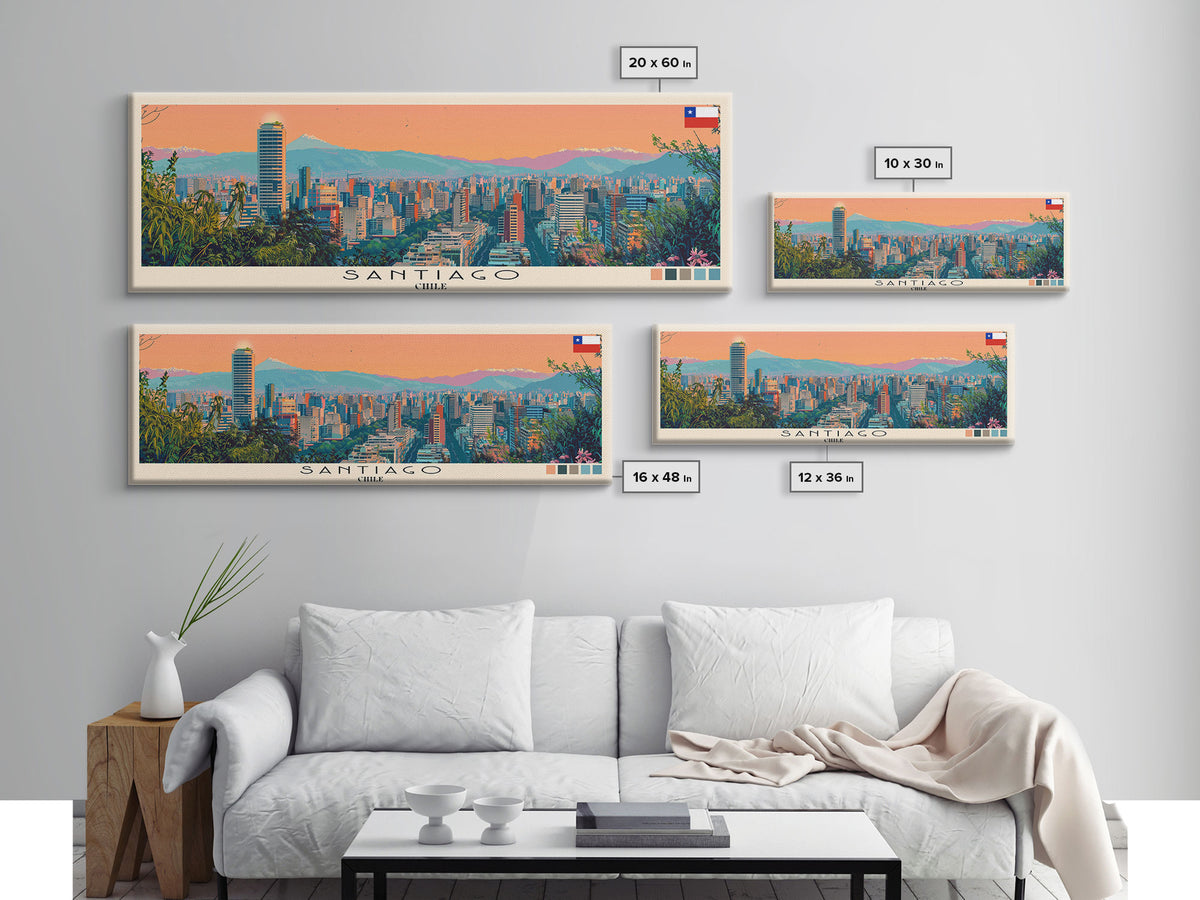 Santiago, Chile Panoramic Canvas Print, Santiago, Chile Painting, Chile Art, Santiago Travel Poster, Travel Art, Vacation Gift