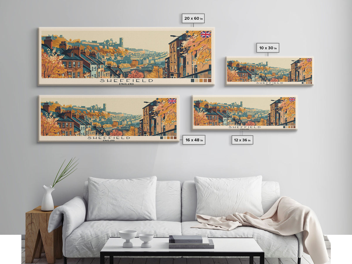 Sheffield, England Panoramic Canvas Print, Sheffield, England Painting, England Art, Sheffield Travel Poster, Travel Art, Guest Room Painting