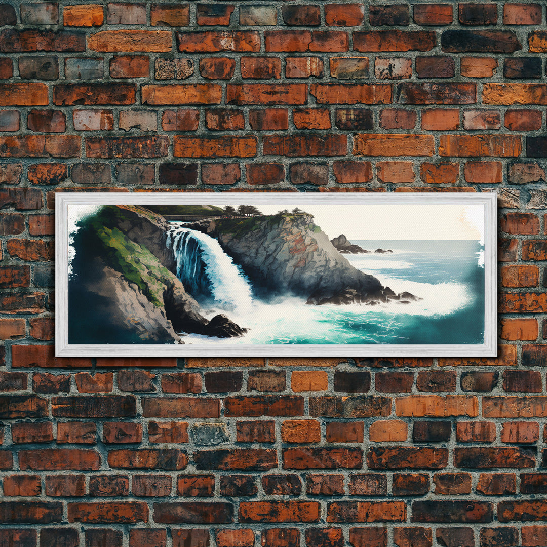 Panoramic Framed Canvas Print - Watercolor Fantasy Waterfall - Home Decor, Living Room, Secret Water Fall, Fantasy Art