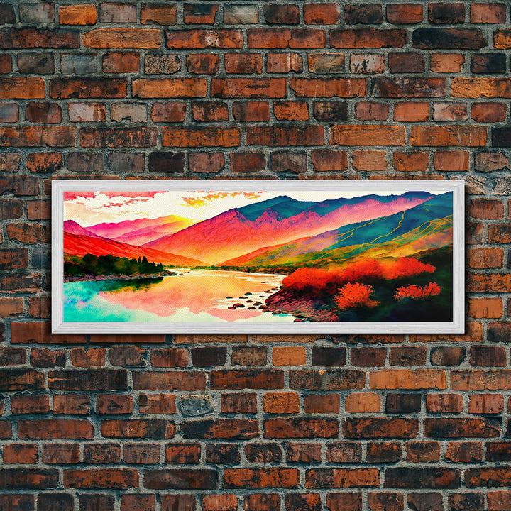 Colorful Abstract Watercolor Landscape, Framed Panoramic Canvas Print, Wide Art, Rainbow landscape painting, surrealist art