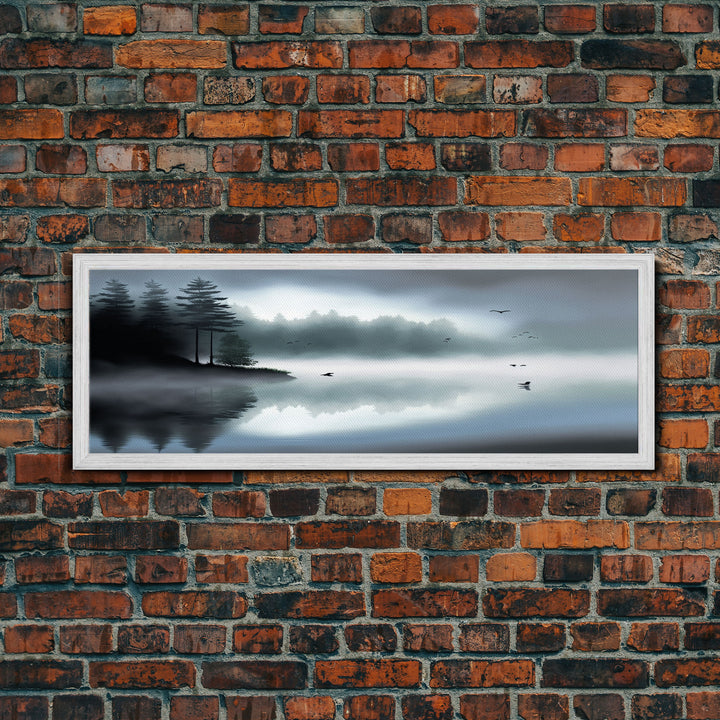 Pacific Northwest Lake & Pine Tree Forest Foggy Watercolor Canvas Print - Framed Panoramic Wall Art Home Decor