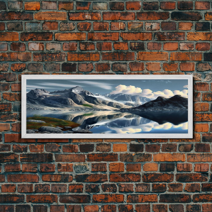 Panoramic Framed Canvas Print of Snow Covered Mountain & Reflection in Lake - Watercolor Landscape Painting for Home Decor