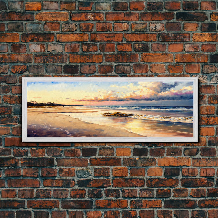 Panoramic Beach Sunset Canvas Print, Watercolor Landscape Framed Art, Whimsical Home Decor, Nature Wall Art, Wide Wall Art