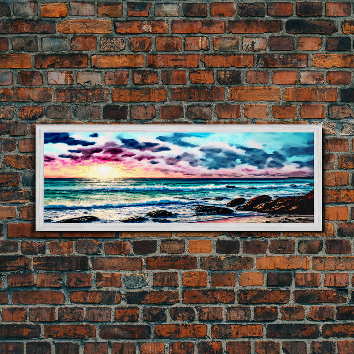 Vibrant Beach Panoramic Framed Canvas Print - Watercolor Landscape Painting with Clouds & Waves - For Home or Office Decor
