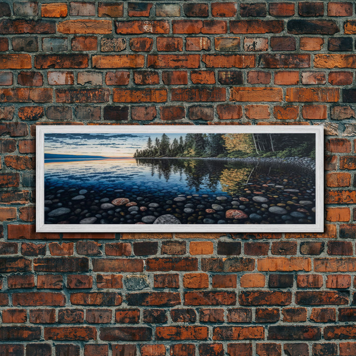 Pacific Northwest Stream or River Watercolor Panoramic Canvas Print | Framed | Colorful Pebbles | Vibrant Colors | Home & Office Décor