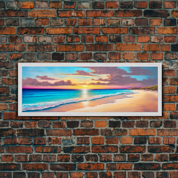 Panoramic Beach Sunset Framed Canvas Print, Watercolor Landscape Painting, Home & Office Decor